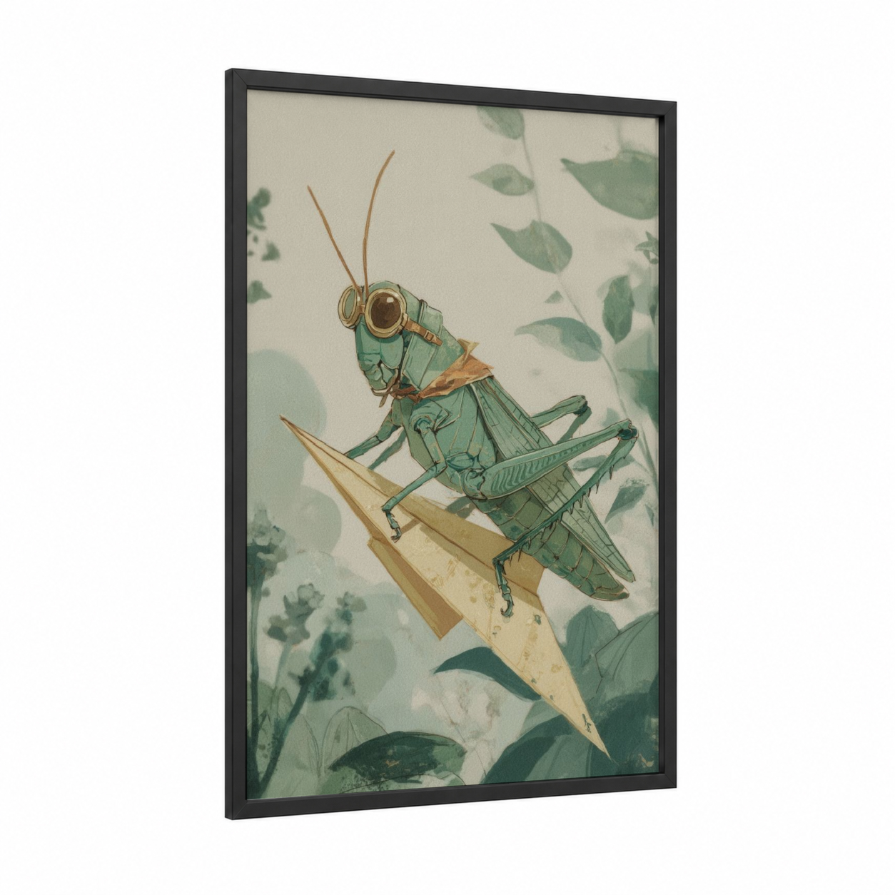 Steampunk Grasshopper framed art print — black wood frame — sage green and cream palette