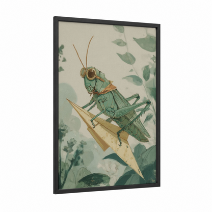 Steampunk Grasshopper framed art print — black wood frame — sage green and cream palette