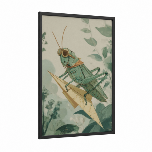 Steampunk Grasshopper framed art print — black wood frame — sage green and cream palette