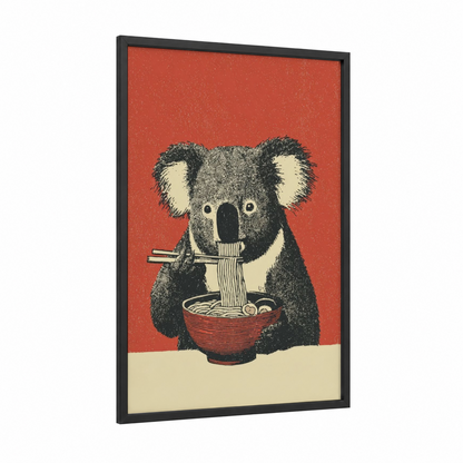 Noodle Koala framed art print — black wood frame — red and cream palette