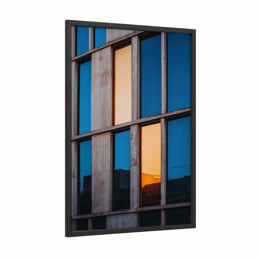 Twilight Architecture framed abstract architecture print — black wood frame — blue and gold palette
