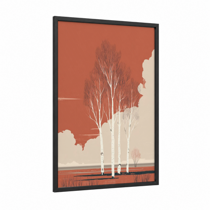 Birch Trees Autumn framed art print — black wood frame — russet and cream palette