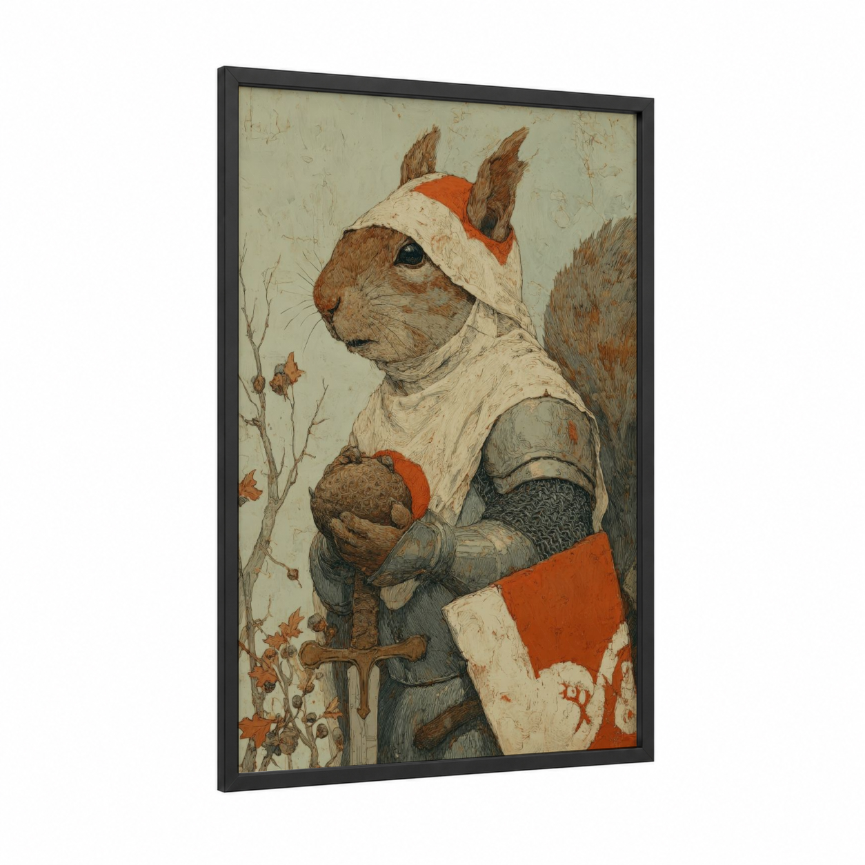 Armored Squirrel framed art print — black wood frame — cream and russet palette