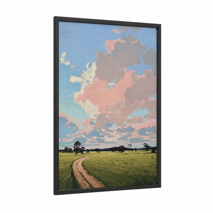 Pastoral Golden Hour framed various landscapes print — black wood frame — blue and peach palette