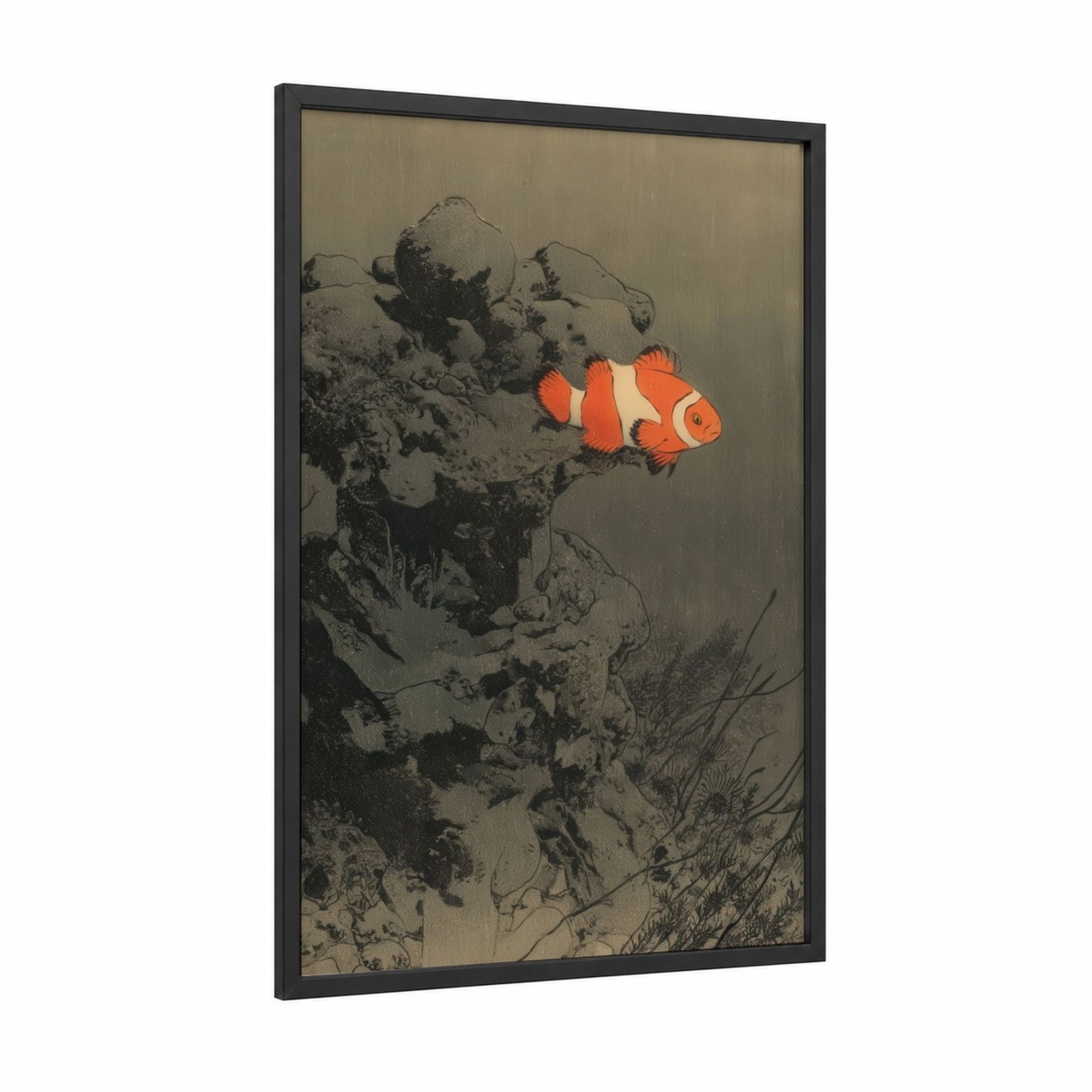 Coral Clownfish framed clown fish print — black wood frame — orange and gray palette