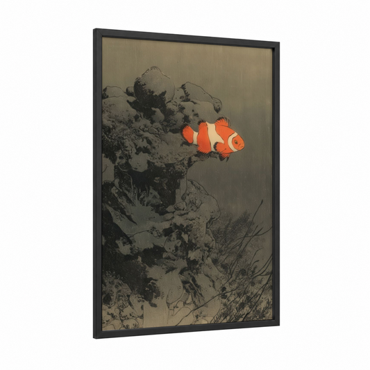 Coral Clownfish framed clown fish print — black wood frame — orange and gray palette