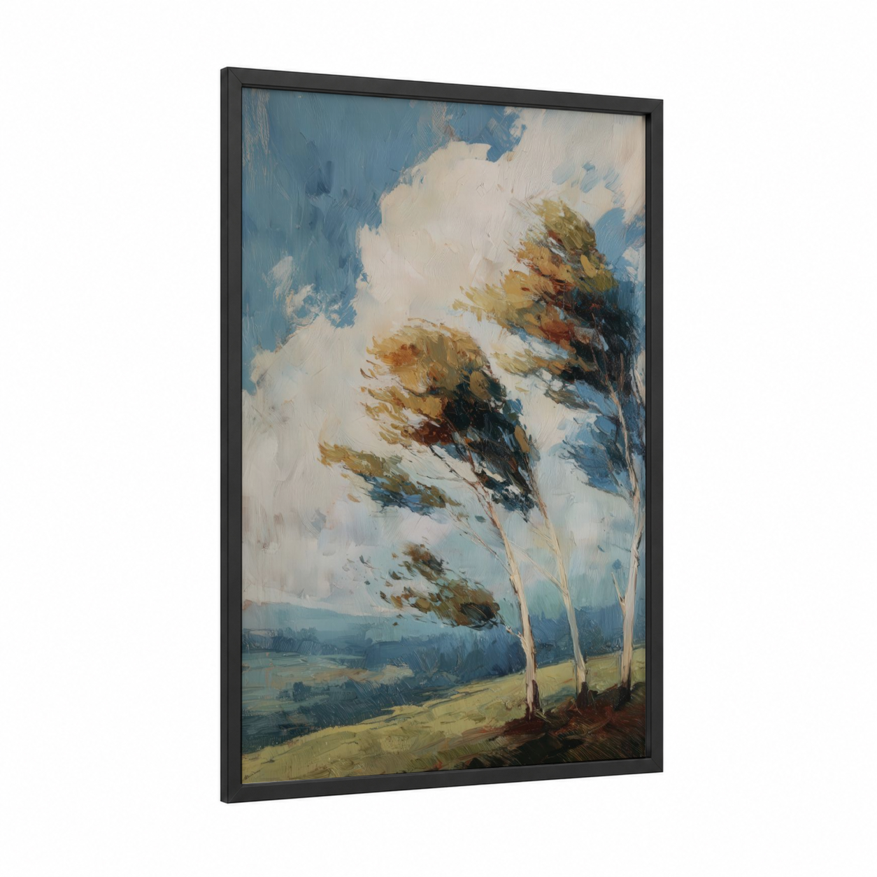 Windswept Eucalyptus framed eucalyptus forest print — black wood frame — blue and gold and white palette