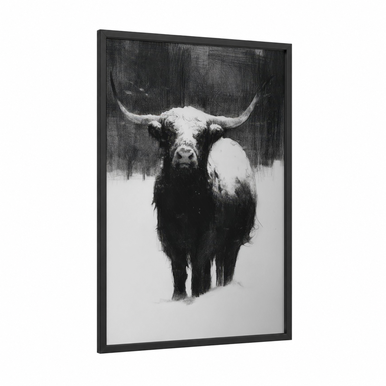 Snowy Highland framed highland cow print — black wood frame — black and white and gray palette