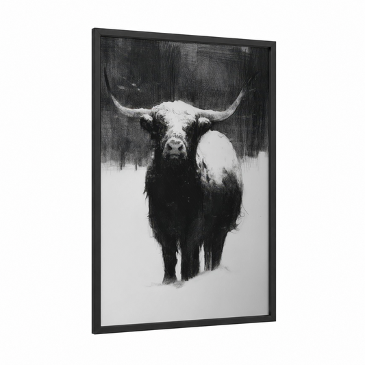 Snowy Highland framed highland cow print — black wood frame — black and white and gray palette