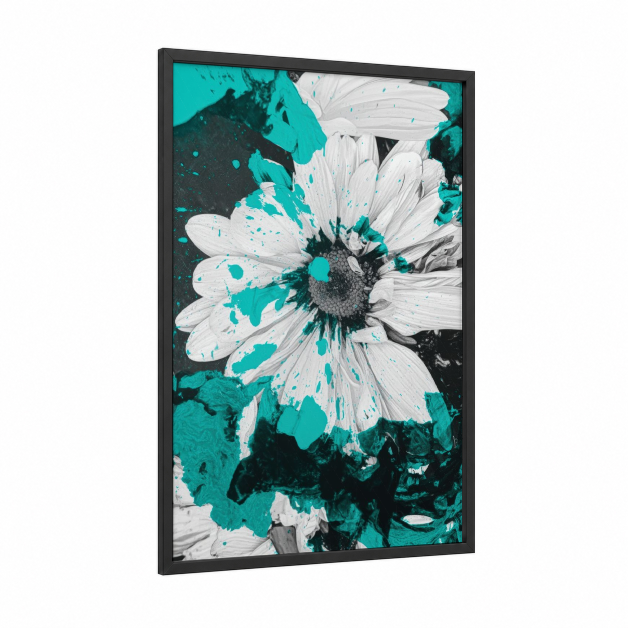 Turquoise Splash Daisy framed abstract flower print — black wood frame — turquoise and white palette