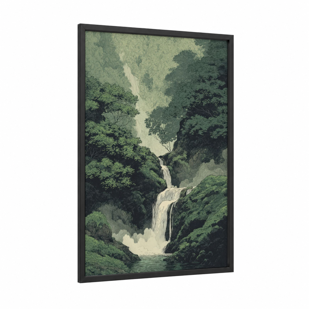 Forest Waterfall framed art print — black wood frame — green and white palette