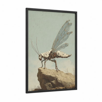 Steampunk Grasshopper framed art print — black wood frame — blue and beige palette