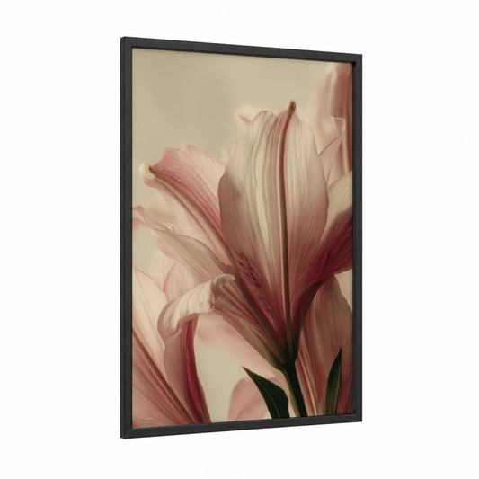 Soft Pink Lily framed art print — black wood frame — peach and cream palette