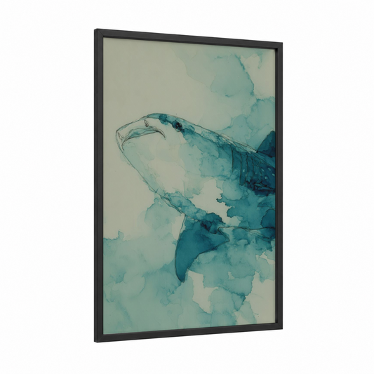 Teal Whale Shark framed art print — black wood frame — teal and dark blue palette