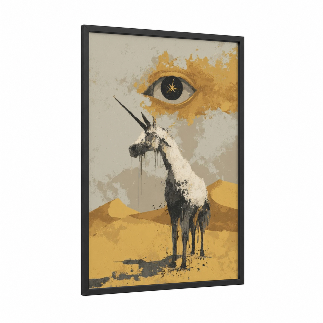 Desert Unicorn framed unicorns print — black wood frame — gold and cream palette