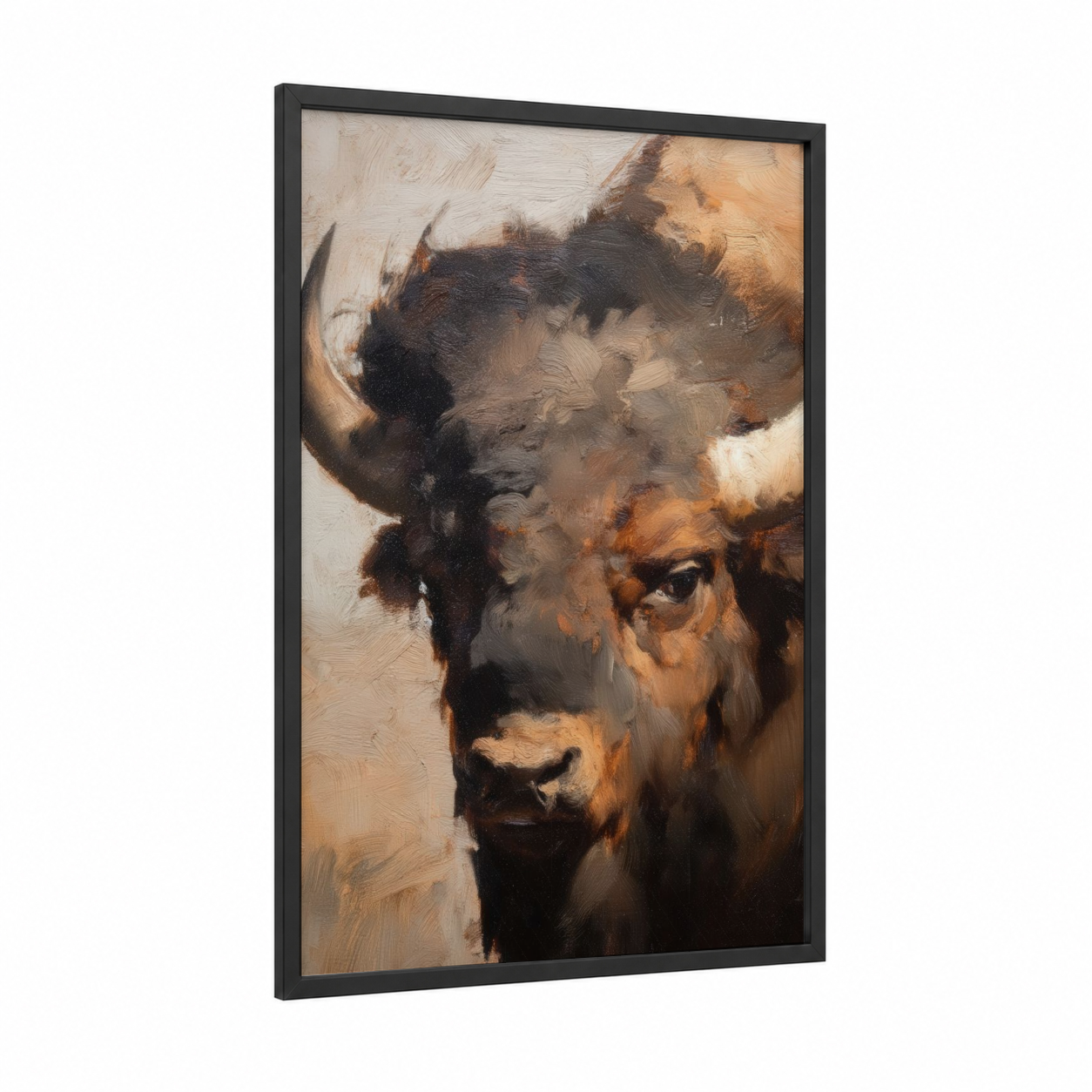 Majestic Bison Portrait framed art print — black wood frame — brown and gold palette