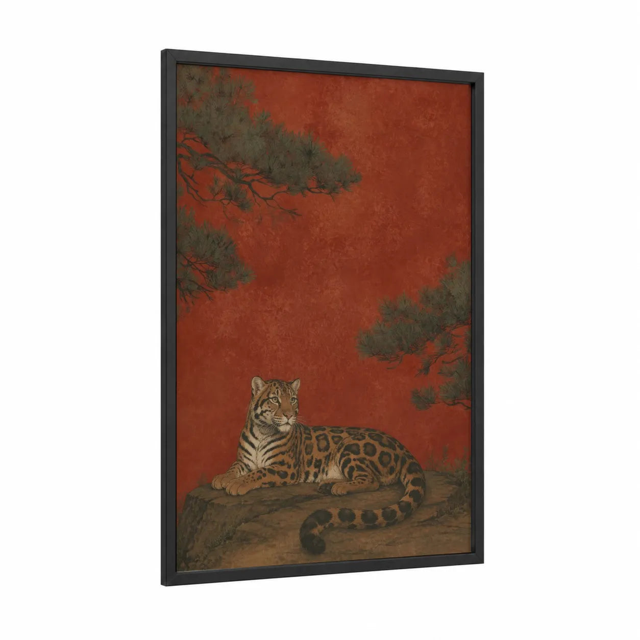 Asian Leopard Pine Tree Wall Art framed art print — black wood frame — red and orange palette