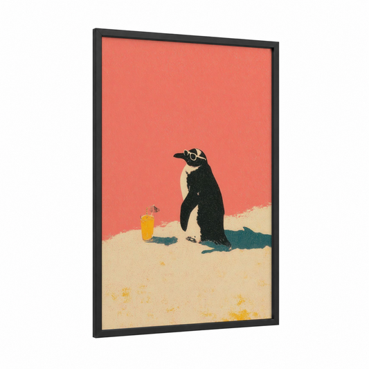 Beach Penguin framed art print — black wood frame — peach and blue palette