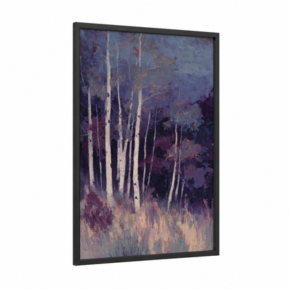 Twilight Aspen Forest framed art print — black wood frame — purple and gold palette
