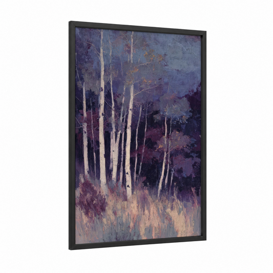 Twilight Aspen Forest framed art print — black wood frame — purple and gold palette