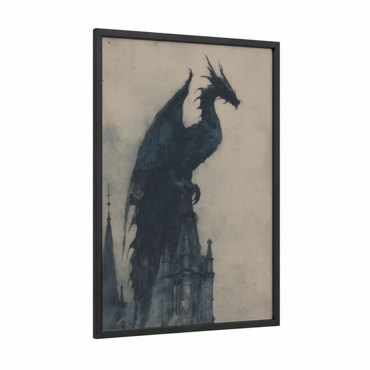 Gothic Dragon Perch framed art print — black wood frame — black and gray palette