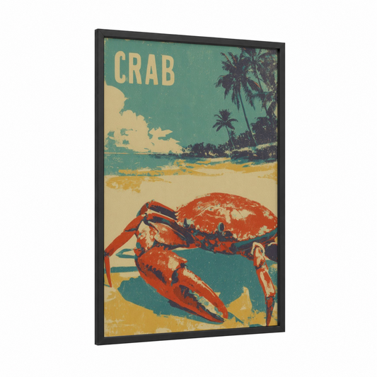 Red Crab Beach framed art print — black wood frame — red and teal palette