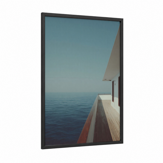 Yacht Serenity framed yacth print — black wood frame — blue and dove gray palette