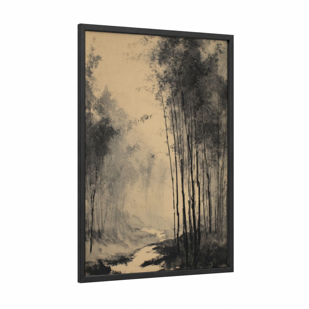 Misty Bamboo Grove framed bamboo jungle print — black wood frame — gray and cream palette