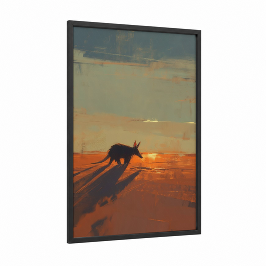 Desert Aardvark framed art print — black wood frame — orange and gold palette