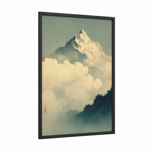 Misty Everest Peak framed mount everest print — black wood frame — sage green and cream palette