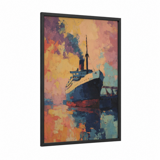 Vibrant Cruise Ship framed art print — black wood frame — gold and teal palette