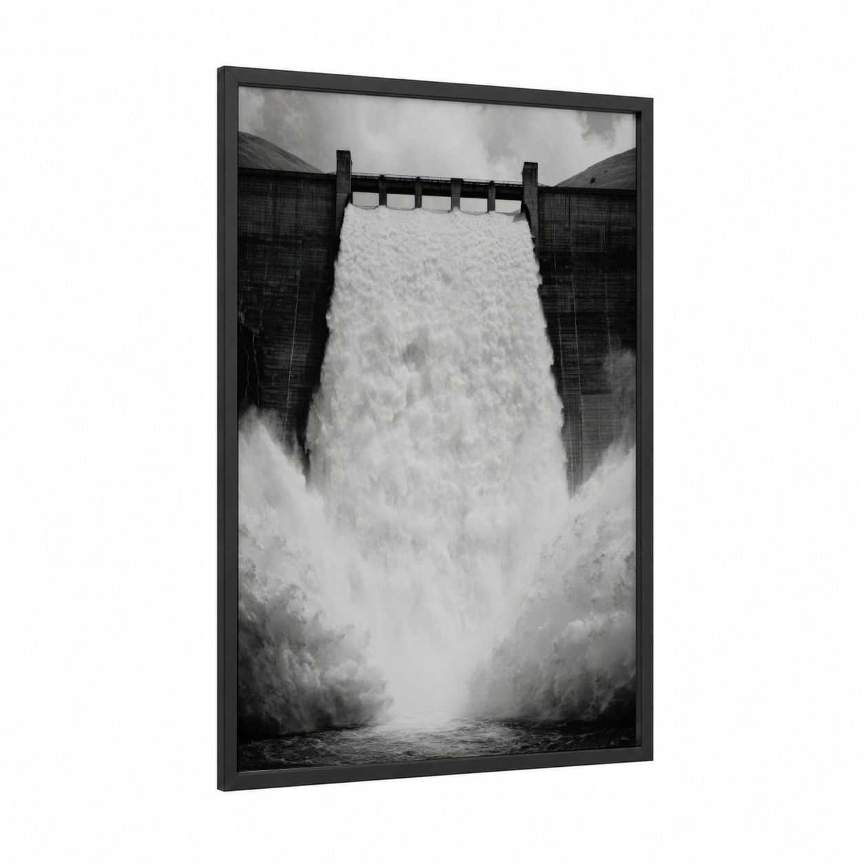 Rushing Dam Gates framed art print — black wood frame — black and white palette