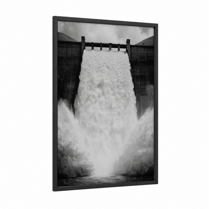 Rushing Dam Gates framed art print — black wood frame — black and white palette