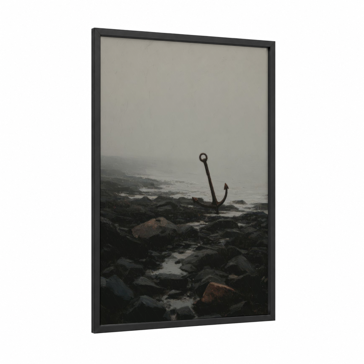Misty Anchor framed art print — black wood frame — gray and white and black palette