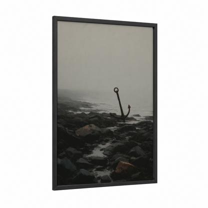 Misty Anchor framed art print — black wood frame — gray and white and black palette
