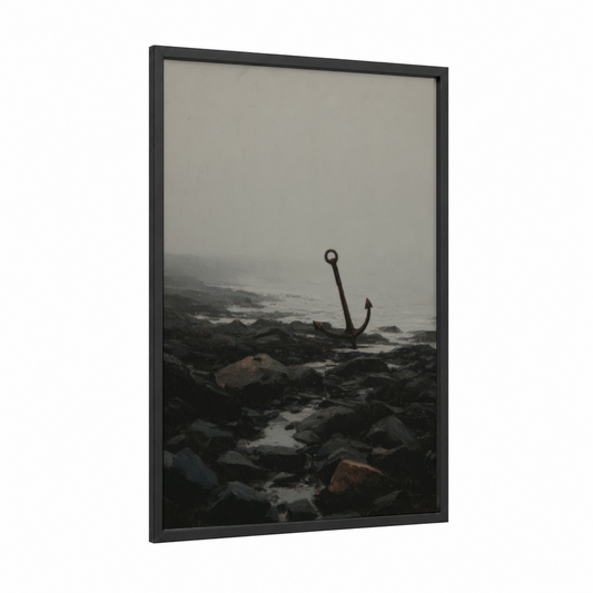 Misty Anchor framed art print — black wood frame — gray and white and black palette