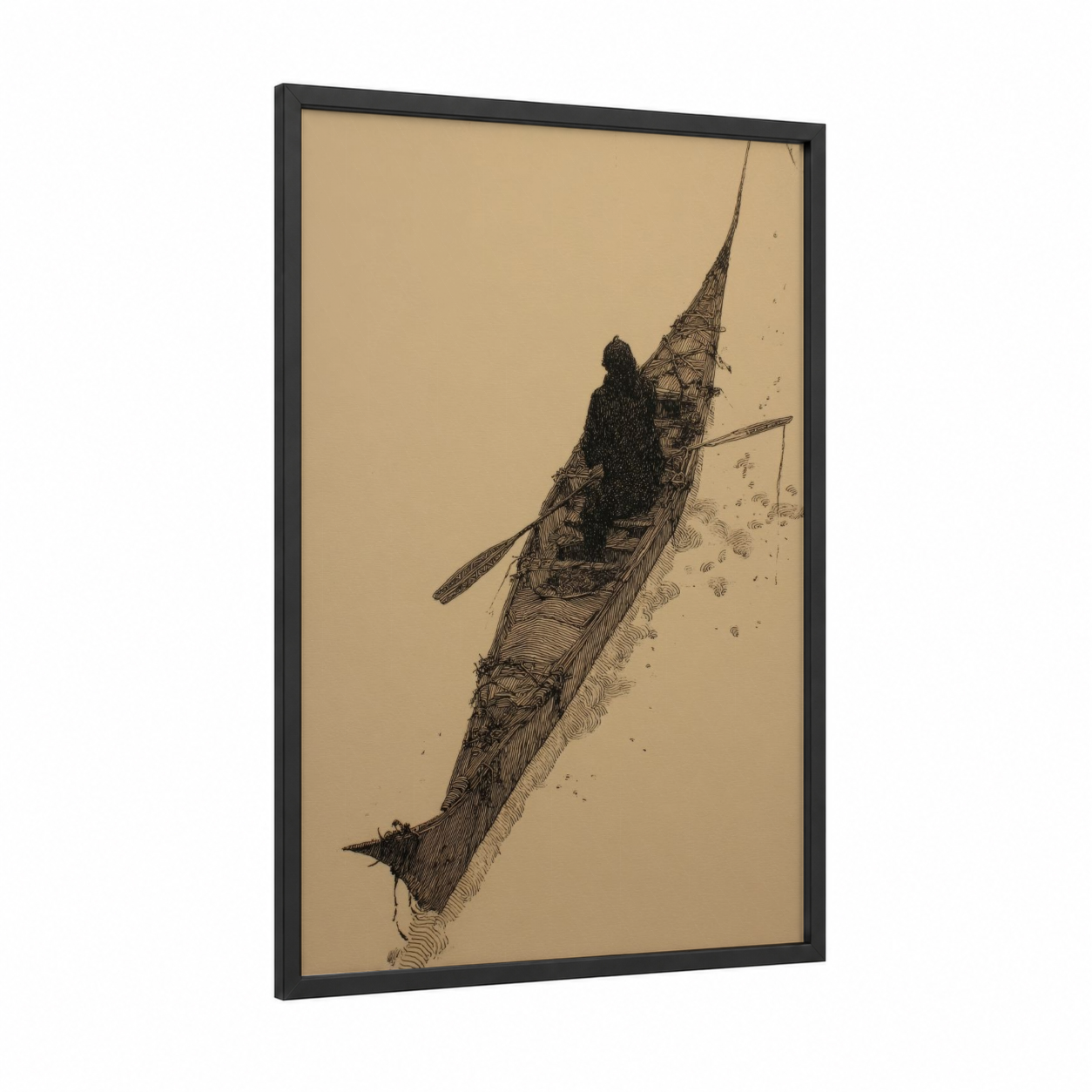 Solitary Paddler framed kayaks and canoes print — black wood frame — black and white and cream palette