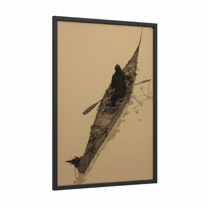 Solitary Paddler framed kayaks and canoes print — black wood frame — black and white and cream palette