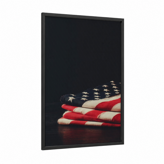 Patriotic Flag Stack framed veterans day print — black wood frame — red and black and white palette