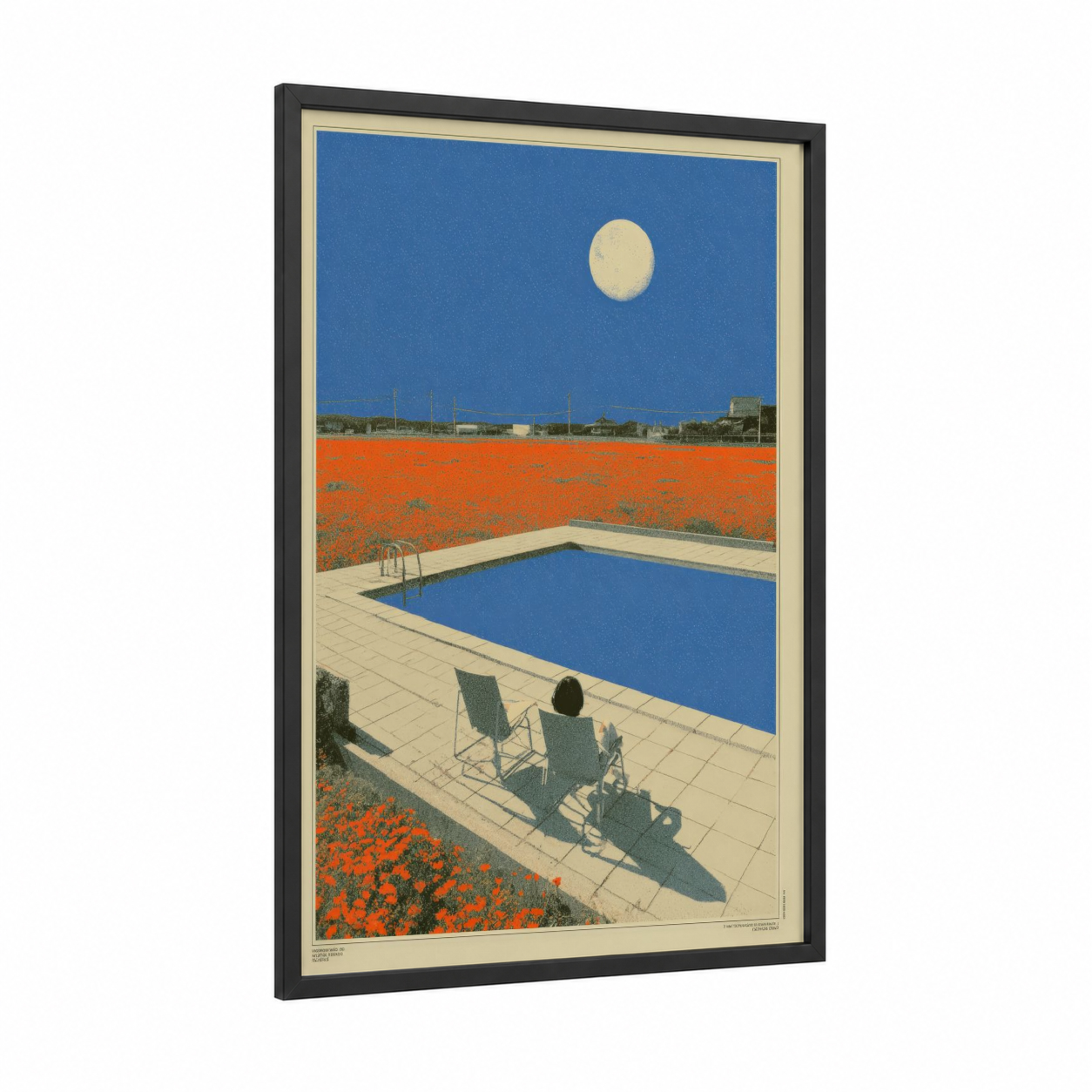 Poolside Daydream framed japanese y2k print — black wood frame — blue and orange palette