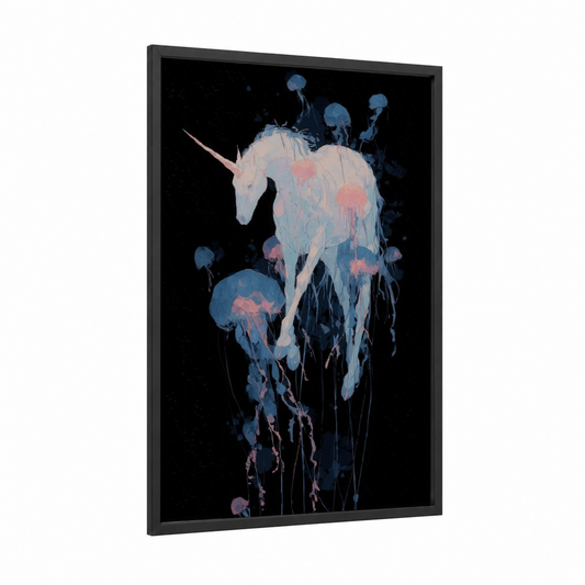 Jellyfish Unicorn framed unicorns print — black wood frame — blue and salmon pink palette