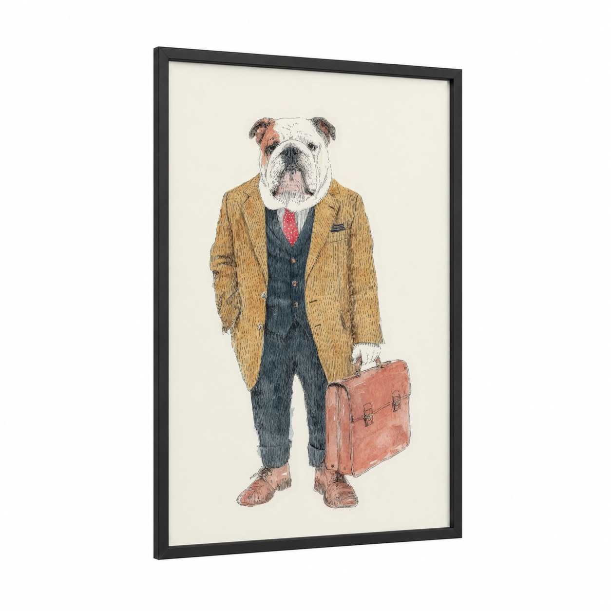 Dapper Bulldog framed fashion illustration print — black wood frame