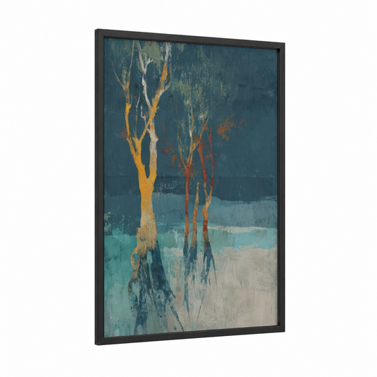 Coastal Mangrove framed art print — black wood frame — teal and gold palette
