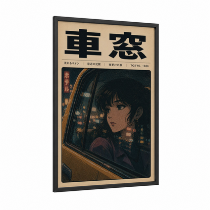 Tokyo Taxi Night Scene Wall Art framed taxi cab print — black wood frame — black and gold palette