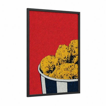 Golden Fried Chicken framed poultry print — black wood frame — red and yellow gold palette