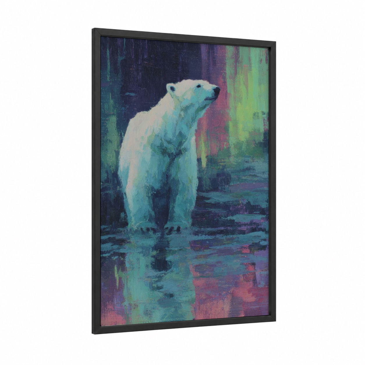 Aurora Polar Bear framed art print — black wood frame — blue and purple palette