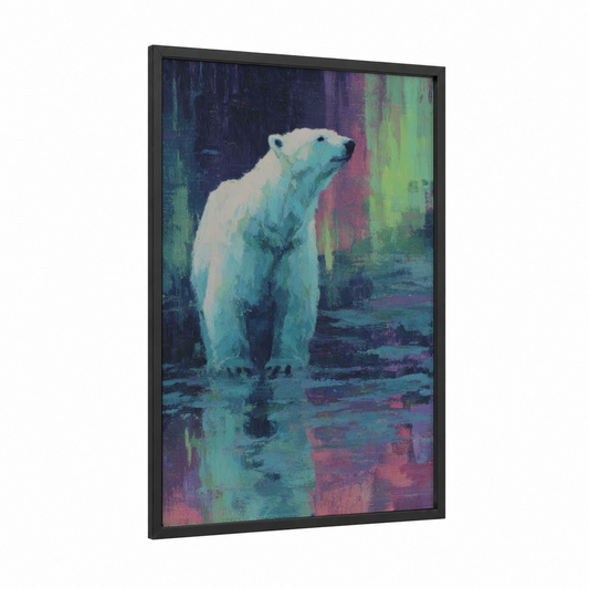 Aurora Polar Bear framed art print — black wood frame — blue and purple palette