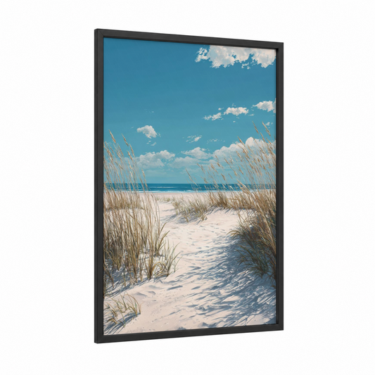 Dune Grass Beach framed sandy beach print — black wood frame — blue and cream palette