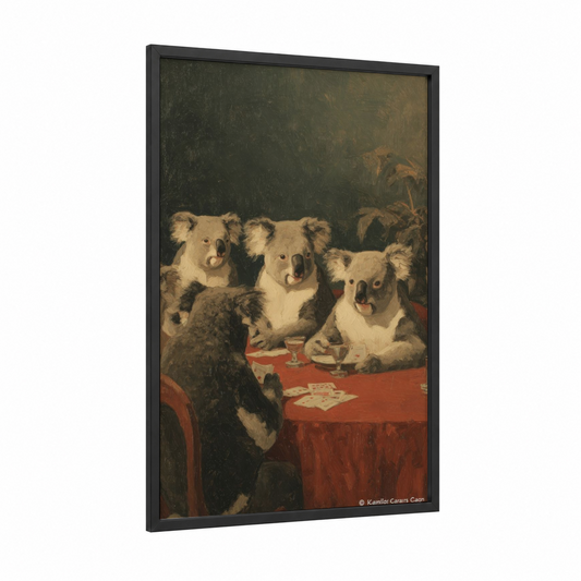 Poker Koalas framed art print — black wood frame — olive and red palette