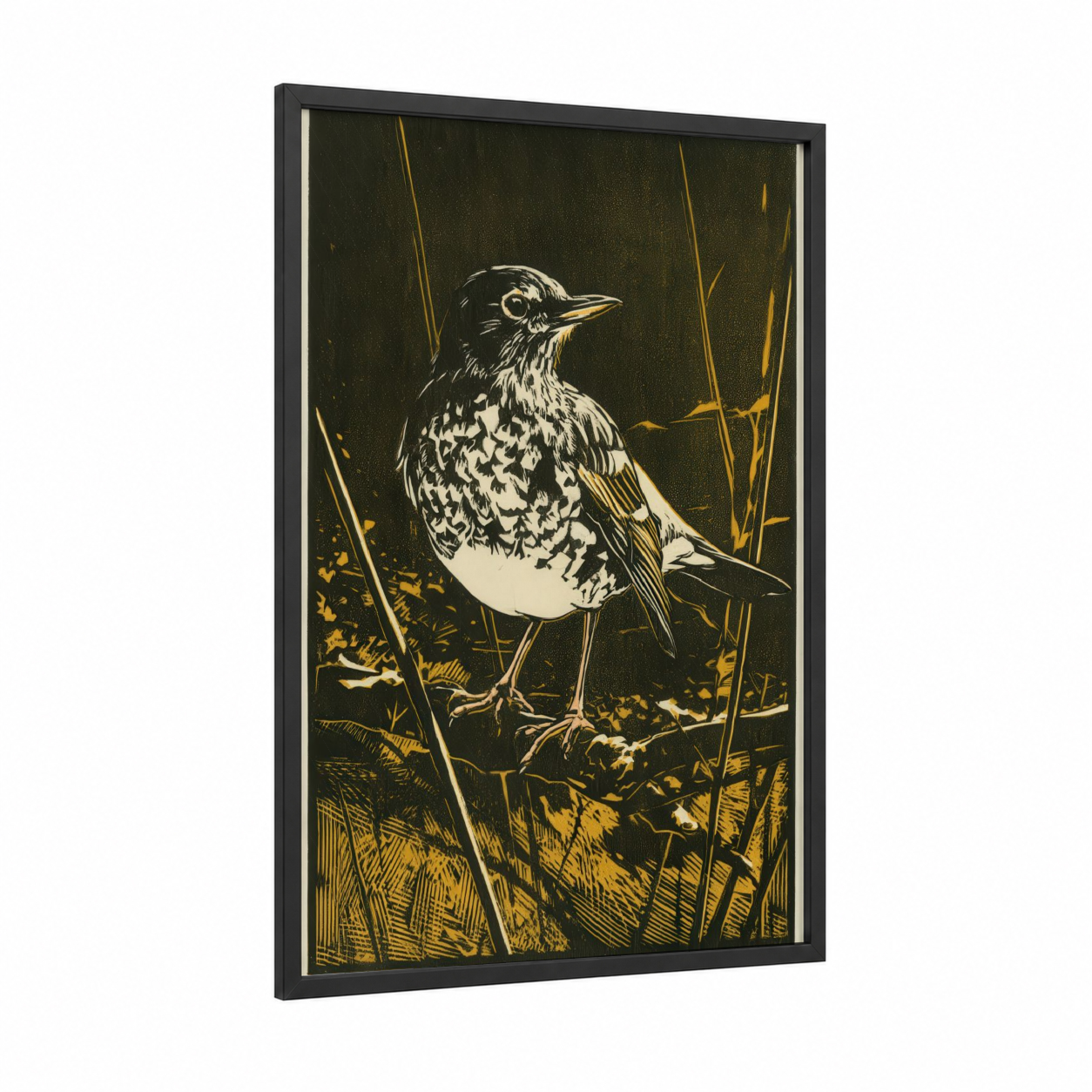 Marsh Thrush framed art print — black wood frame — black and gold and cream palette